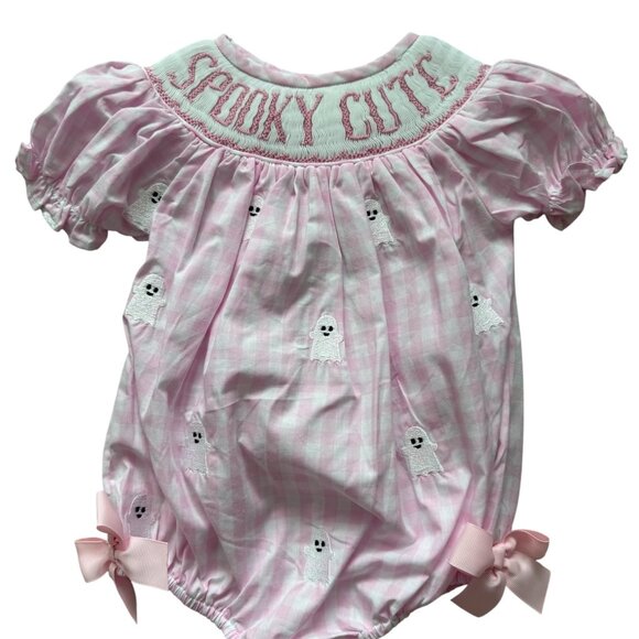 Hand Smocked Spooky Cute Girls Ghost Bubble | The Sage Smocking Company - Picture 1 of 4